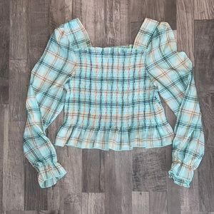 Plaid Long Sleeve aqua crop top